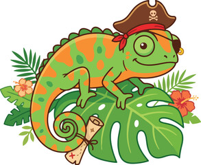 Fototapeta premium Cute cartoon chameleon pirate wearing eyepatch and hat with treasure map