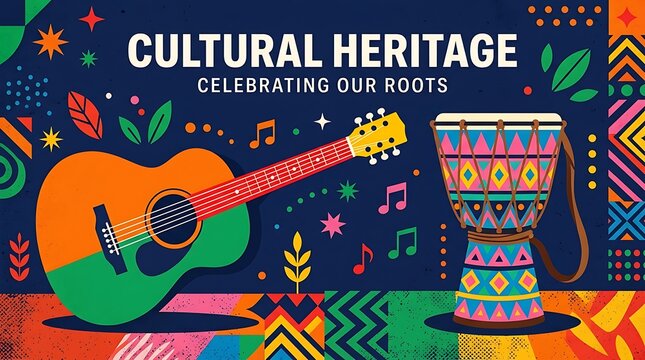 Cultural heritage celebration banner. Ethnic music instruments with colorful folk patterns.