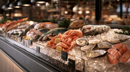 Obraz premium Modern Seafood Display in Supermarket Featuring Fresh Catches of Shellfish and Fish on Ice