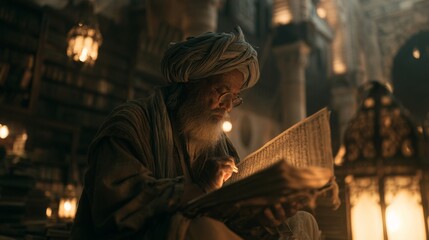 Fototapeta premium Sufi Mystic in Traditional Robes Engaged in Reading Ancient Manuscript with Warm Light and Books in Background