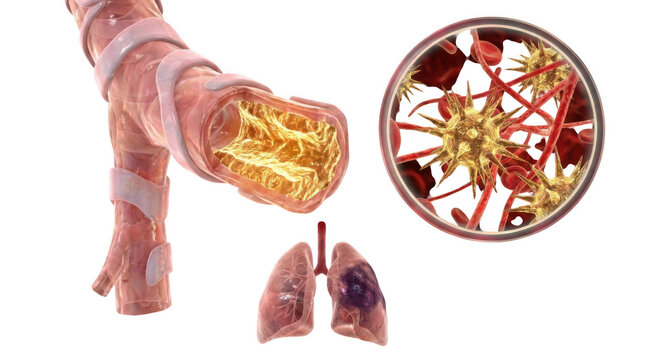 Human lung infection with virus cells. Bronchial inflammation and viral pathogen illustration.
