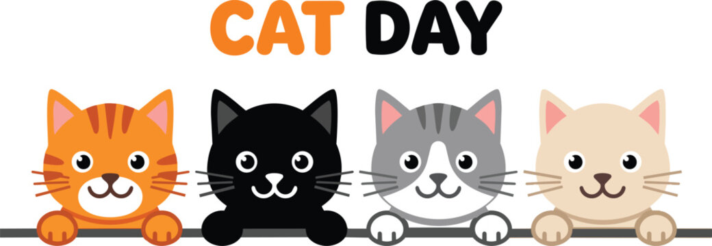 Colorful cute kitten faces featuring festive holiday lettering elements presented as a flat vector on transparent background