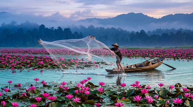 Fisherman casting net in lotus lake. Traditional Asian fishing on water with pink flowers.
