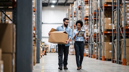 Fototapeta premium Warehouse logistics workers carrying cardboard boxes and scanning inventory with digital tablet