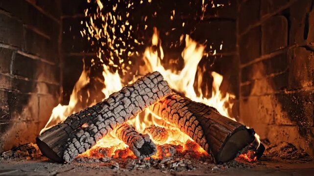 Warm cozy fireplace with burning logs and glowing embers inside a brick hearth.