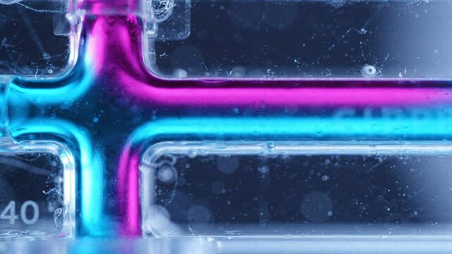 Pink and blue liquid flowing through a transparent microfluidic channel. Laboratory experiment of chemical mixing. Scientific research process in a diagnostic chip.