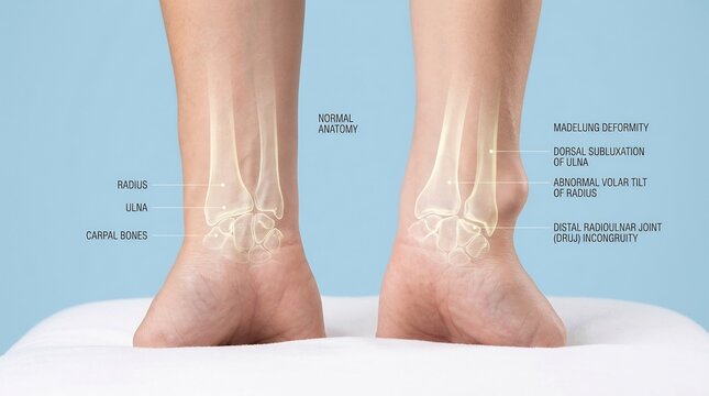 Wrist anatomy shows a side-by-side comparison of normal skeletal structure and a distal radius deformity with bony displacement labeled against a solid blue background for medical educational.