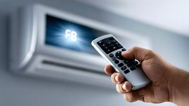Hand holding remote control diagnosing air conditioner error