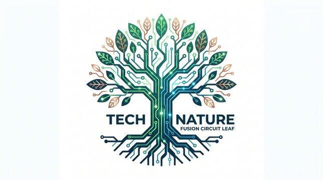 Tech Nature Tree Logo Concept Featuring Fusion Circuit Leaf and Digital Roots for Modern Technology
