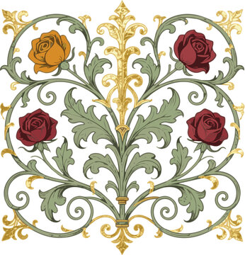 Created on Hand drawn Floral vintage Medieval illuminati manuscript inspiration. Romanesque style with vector art on white background