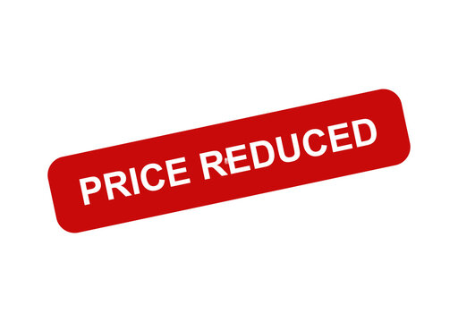 Red price reduced stamp label with bold white text isolated on a clean white background for retail marketing sales isolated on transparent background