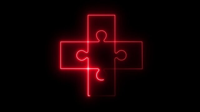 Glowing neon cross puzzle icon isolated teamwork puzzle success icon. Collaboration, puzzle pieces, cooperation, partnership, problem solving, business teamwork,4K Loop Motion Graphics..
