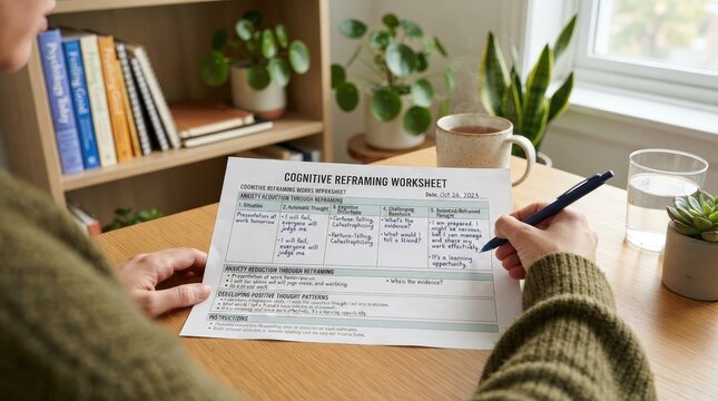 Hands filling out a mental wellness assessment form at home, self evaluation, emotional health tracking and personal care planning.