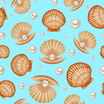 Watercolor seamless pattern of open and closed scallop shells with precious white pearls inside. Children's, nautical, travel themes. Suitable for design, prints, postcards, sea travel
