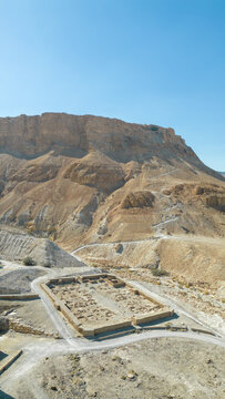 aerial view of ancient roman camp ruins and snake path at masada in israel