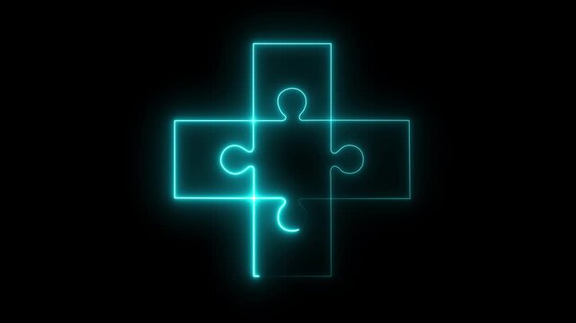 Glowing neon cross puzzle icon isolated teamwork puzzle success icon. Collaboration, puzzle pieces, cooperation, partnership, problem solving, business teamwork,4K Loop Motion Graphics..