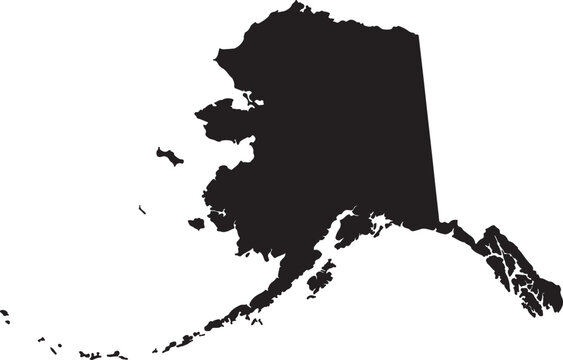 Black and white map of the united states state of alaska presented as a simple silhouette
