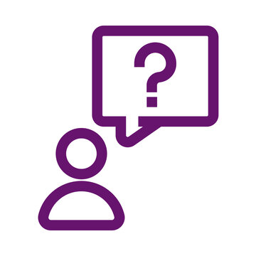 A simple purple icon representing a person with a speech bubble containing a question mark symbol transparent background