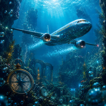 Surreal Underwater Flight Photomanipulation, Sunken Airplane in Deep Ocean, Ancient Atlantis Ruins, Vintage Navigation Compass, Fantasy Marine Journey, Lost Aircraft Metaphor, Deep Sea Exploration