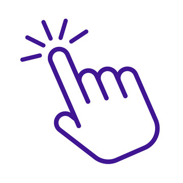 Abstract purple hand cursor icon indicating a click action with radiating lines for emphasis transparent background