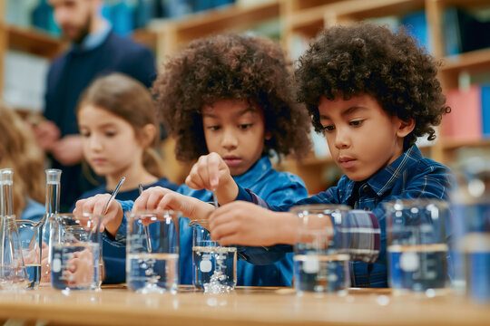 Elementary school children conducting chemistry experiments in a classroom