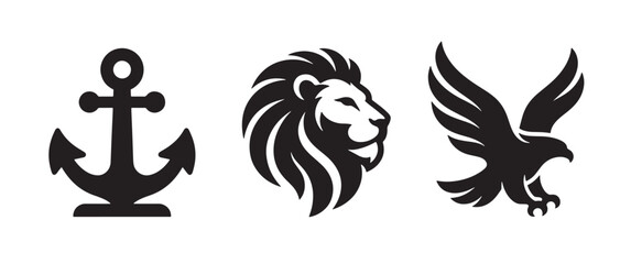 Fototapeta premium Set of three black including a nautical ship anchor, a roaring lion head, and a flying eagle with spread wings, isolated on a white background