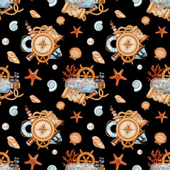 Elegant marine seamless pattern with watercolor ship in a bottle, large compass, lighthouse, and starfish. Children's, nautical, travel themes. Suitable for design, prints, postcards, sea travel © Elli