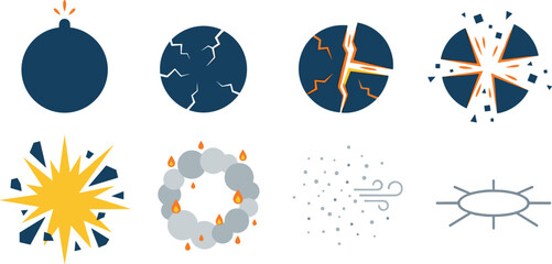 Bomb explosion step by step vector icon set featuring fuse burning, surface cracking, weapon detonation, yellow blast flash, smoke cloud, and dust particle effects. © Mdjony