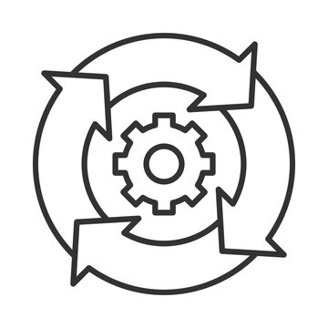 Circular workflow diagram with gears and arrows representing a continuous process or cycle transparent background