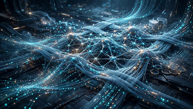 Data Fabric visual is rendered  luminous fiber-optic streams woven into an LLM neural network mesh, glowing cyan and gold nodes interconnected over a dark circuit-board base, embodying AI, machine le