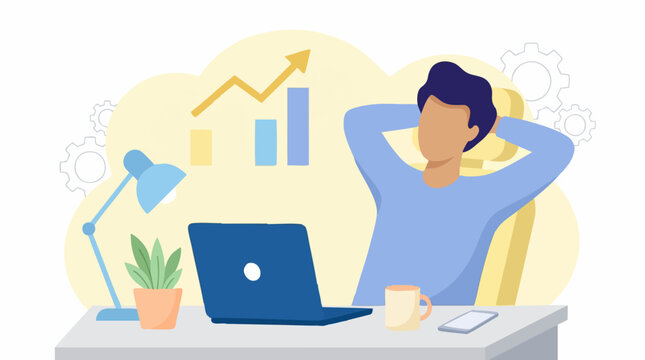 Relaxed man at desk, visualizing business growth and success with laptop.