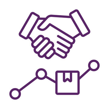 Close up of a purple outline icon depicting a handshake over a simple graph with a parcel transparent background