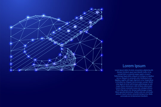 part of an acoustic guitar from futuristic polygonal blue lines and glowing stars for banner, poster, greeting card