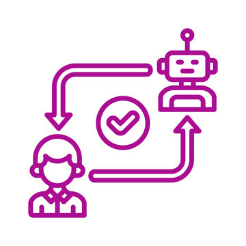 Conceptual icon depicting a workflow between a person and a robot with a confirmation checkmark transparent background