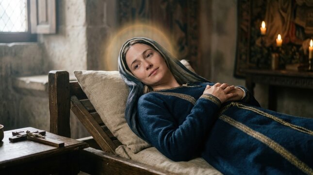 A serene representation of the Virgin Mary with a halo, lying in a rustic medieval bed, evoking a biblical or religious historical scene with a wooden crucifix.