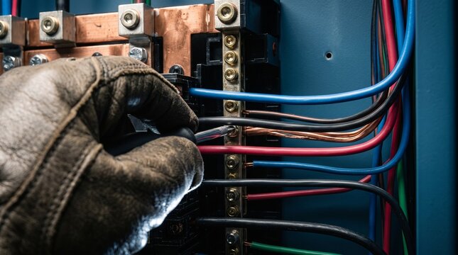 Close up shot of gloved hand performing electrical maintenance on copper busbar and colorful wires in complex distribution box.