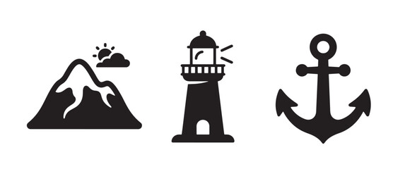 Fototapeta premium Three black depicting a mountain peak with sun, a lighthouse with light beams, and a nautical anchor on a white background, for navigation