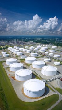 Vast energy networks: birds-eye view of petroleum and petrochemical storage. Sophisticated pose. Dynamic and detailed terminal with lush arrays of petrochemical and fuel storage.