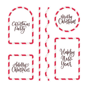 Vector 3d realistic candy cane frames and borders set. Circle, arch, square and rectangle christmas text templates