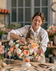 Fototapeta premium Florist arranging roses bouquet at indoor workspace with colorful pastel floral design for elegant home decor
