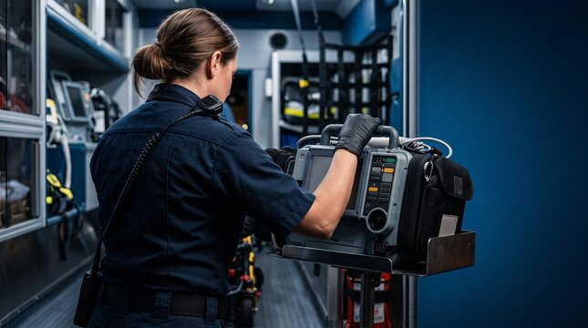 Female paramedic in uniform and black gloves is preparing a modern medical device in an ambulance for work.