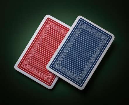 Two playing cards, red and blue backs, diagonally arranged