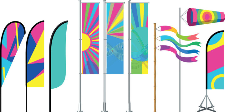 Colorful beach flags collection vector illustration featuring feather banners teardrop signs windsock and vertical fabric mockups with vibrant psychedelic abstract sunburst geometric patterns