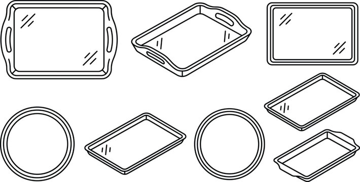 Serving tray and baking pan line icon set featuring rectangular platters handles isometric baking sheets and round plates