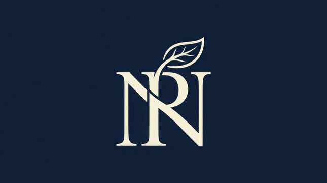 Creative monogram emblem featuring letters R and N with a delicate leaf motif on navy background.