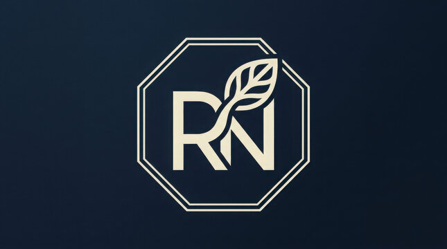 Elegant RN Monogram Logo Design Featuring a Stylized Leaf Element Inside a Geometric Octagon Frame.