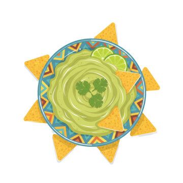 Minimalist 2d vector of a blue ceramic bowl with guacamole, lime slices, and golden corn chips on a plain white background appetizing mexican food concept
