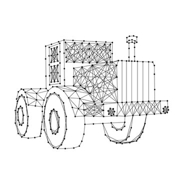 wheeled tractor from abstract futuristic polygonal black lines and dots