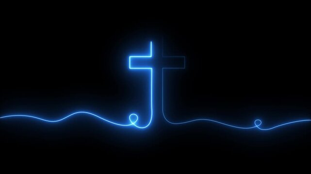 Glowing Blue Neon Cross Icon with Christian Faith, Bible, Prayer, Church Worship, Easter, Salvation Jesus Christ, holy, God, salvation, Easter, crucifix, crucifixion, hope, 4K Motion Graphics..