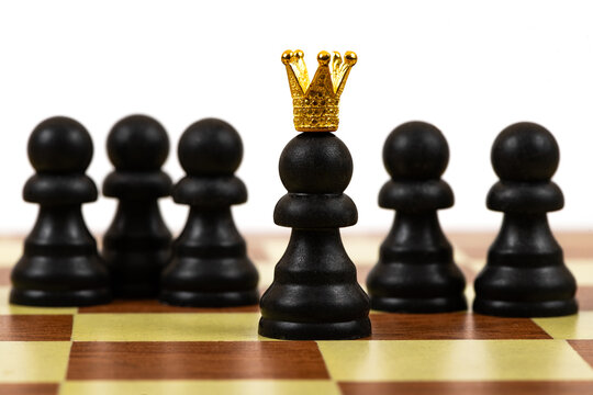 A chess pawn wearing a gold crown, set against a background of ordinary chess pawns.